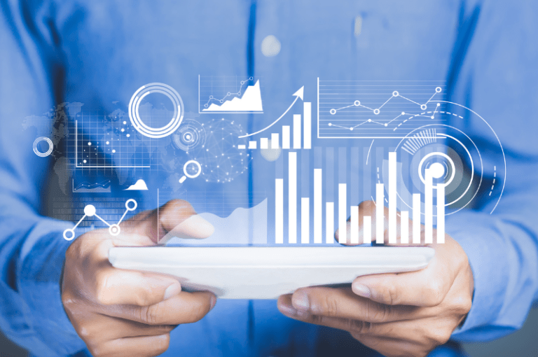 Man holding high tech screen showing different data graphs